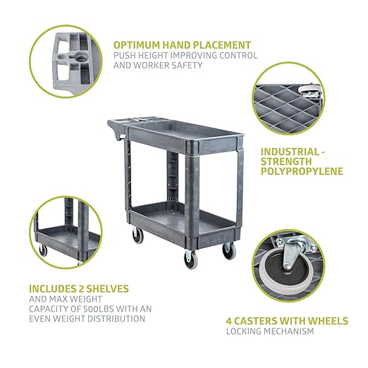 Fuerza Utility 2 Tier Rolling Cart - Multi Purpose, Heavy Duty Service Cart for Supplies Storage and Organizer (Grey) - SchoolOutlet