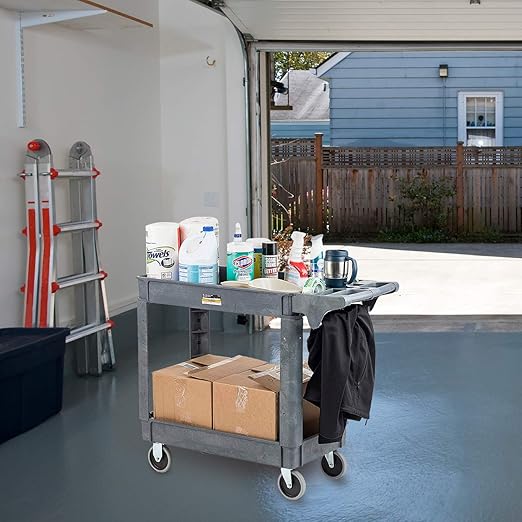 Fuerza Utility 2 Tier Rolling Cart - Multi Purpose, Heavy Duty Service Cart for Supplies Storage and Organizer (Grey) - SchoolOutlet
