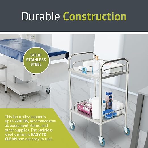 Fuerza 2 - Shelf Rolling Medical and Lab Cart, Portable Stainless Steel Workstation for Storage in Clinics, Labs, Salons, and More - SchoolOutlet