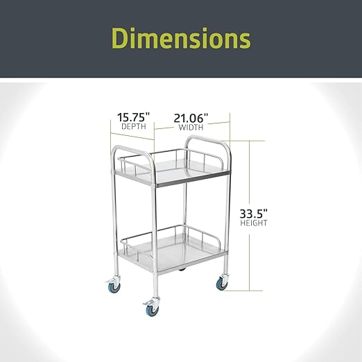 Fuerza 2 - Shelf Rolling Medical and Lab Cart, Portable Stainless Steel Workstation for Storage in Clinics, Labs, Salons, and More - SchoolOutlet