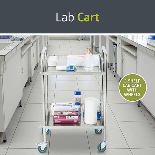 Fuerza 2 - Shelf Rolling Medical and Lab Cart, Portable Stainless Steel Workstation for Storage in Clinics, Labs, Salons, and More - SchoolOutlet