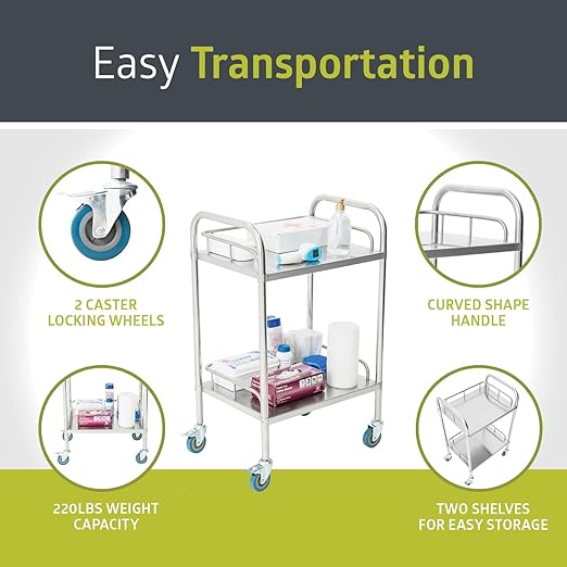 Fuerza 2 - Shelf Rolling Medical and Lab Cart, Portable Stainless Steel Workstation for Storage in Clinics, Labs, Salons, and More - SchoolOutlet