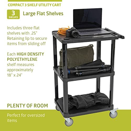 Fuerza Multi - Purpose 3 - Shelf Utility Cart with Lockable Wheels and Ergonomic Handle (Black) - SchoolOutlet