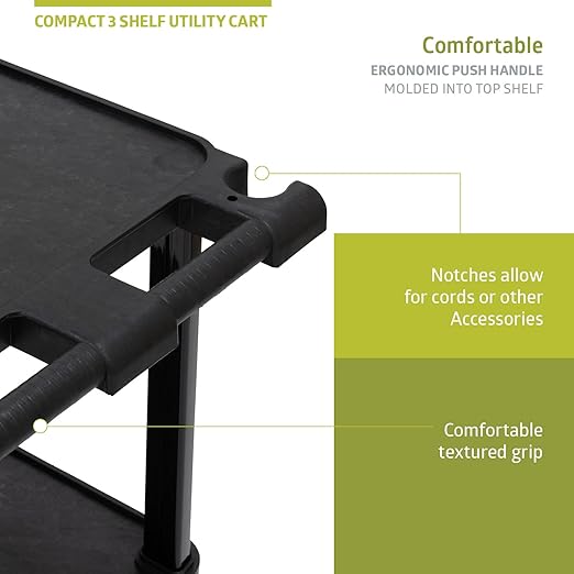 Fuerza Multi - Purpose 3 - Shelf Utility Cart with Lockable Wheels and Ergonomic Handle (Black) - SchoolOutlet
