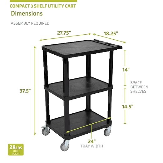 Fuerza Multi - Purpose 3 - Shelf Utility Cart with Lockable Wheels and Ergonomic Handle (Black) - SchoolOutlet