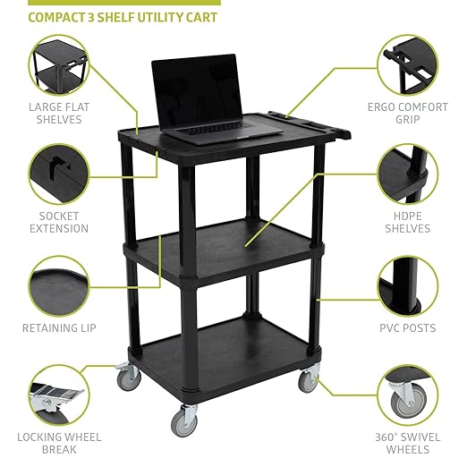 Fuerza Multi - Purpose 3 - Shelf Utility Cart with Lockable Wheels and Ergonomic Handle (Black) - SchoolOutlet