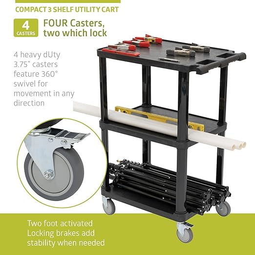 Fuerza Multi - Purpose 3 - Shelf Utility Cart with Lockable Wheels and Ergonomic Handle (Black) - SchoolOutlet