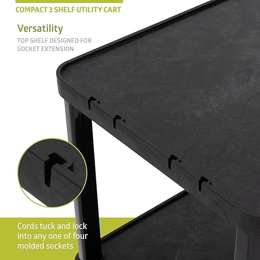 Fuerza Multi - Purpose 3 - Shelf Utility Cart with Lockable Wheels and Ergonomic Handle (Black) - SchoolOutlet