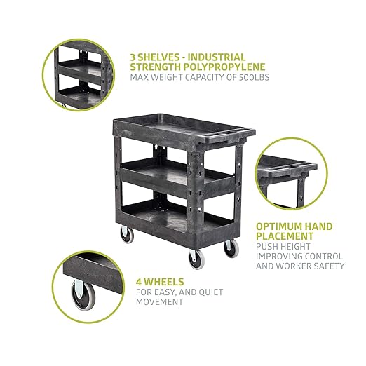 Fuerza Heavy Duty 3 Tier Utility Rolling Cart - Multi Purpose for Supplies Storage and Organizer (Dark Grey) - SchoolOutlet