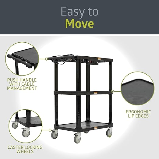 Fuerza 3 - Shelf Mobile Utility Cart with 3 Outlets and 8' Cord, Heavy - Duty Service Cart for Offices and Warehouses with 3 Shelves (Black) - SchoolOutlet
