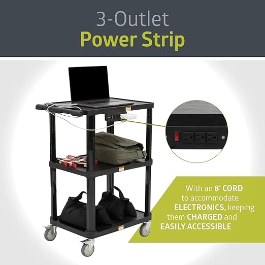 Fuerza 3 - Shelf Mobile Utility Cart with 3 Outlets and 8' Cord, Heavy - Duty Service Cart for Offices and Warehouses with 3 Shelves (Black) - SchoolOutlet