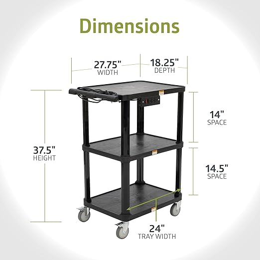 Fuerza 3 - Shelf Mobile Utility Cart with 3 Outlets and 8' Cord, Heavy - Duty Service Cart for Offices and Warehouses with 3 Shelves (Black) - SchoolOutlet