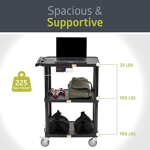 Fuerza 3 - Shelf Mobile Utility Cart with 3 Outlets and 8' Cord, Heavy - Duty Service Cart for Offices and Warehouses with 3 Shelves (Black) - SchoolOutlet