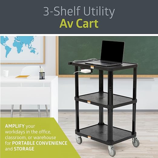 Fuerza 3 - Shelf Mobile Utility Cart with 3 Outlets and 8' Cord, Heavy - Duty Service Cart for Offices and Warehouses with 3 Shelves (Black) - SchoolOutlet