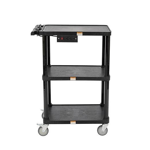 Fuerza 3 - Shelf Mobile Utility Cart with 3 Outlets and 8' Cord, Heavy - Duty Service Cart for Offices and Warehouses with 3 Shelves (Black) - SchoolOutlet
