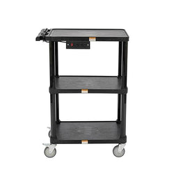 Fuerza 3-Shelf Mobile Utility Cart with 3 Outlets and 8' Cord, Heavy-Duty Service Cart for Offices and Warehouses with 3 Shelves (Black)