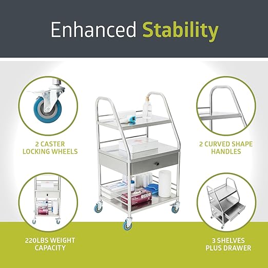 Fuerza Rolling Medical and Lab Cart with 3 Shelves & Drawer, Stainless Steel Mobile Workstation Cart for Clinic, Salon, and More - SchoolOutlet