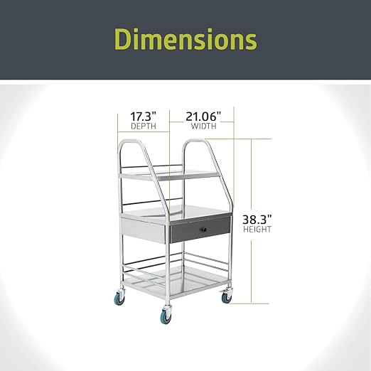 Fuerza Rolling Medical and Lab Cart with 3 Shelves & Drawer, Stainless Steel Mobile Workstation Cart for Clinic, Salon, and More - SchoolOutlet