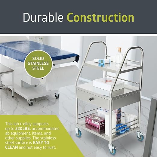 Fuerza Rolling Medical and Lab Cart with 3 Shelves & Drawer, Stainless Steel Mobile Workstation Cart for Clinic, Salon, and More - SchoolOutlet