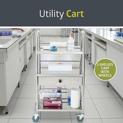 Fuerza Rolling Medical and Lab Cart with 3 Shelves & Drawer, Stainless Steel Mobile Workstation Cart for Clinic, Salon, and More - SchoolOutlet