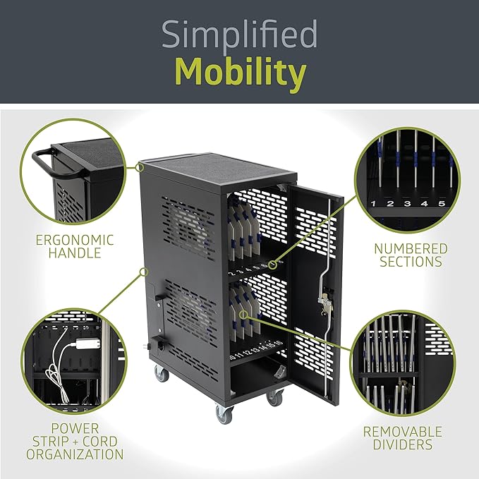 Fuerza 16 - Device Classroom and Office Mobile Charging Storage Cart for IPads, Chromebooks and Laptops, Up to 15 " Screen Size - SchoolOutlet