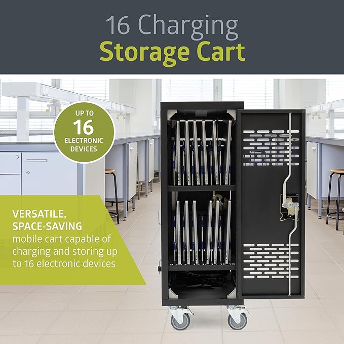 Fuerza 16 - Device Classroom and Office Mobile Charging Storage Cart for IPads, Chromebooks and Laptops, Up to 15 " Screen Size - SchoolOutlet