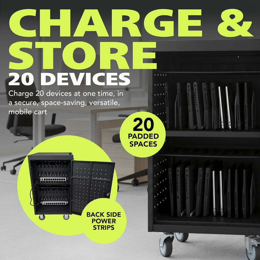 Fuerza 20-Device Mobile Charging Cart for iPads, Chromebooks & Laptops – 25.7"W x 25.7"D x 40"H - SchoolOutlet