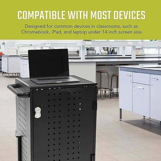 Fuerza 30 Device Charging Cart with Electric Key Card Charger Organization, Cable Management, Up to 14 " Screen Size - SchoolOutlet