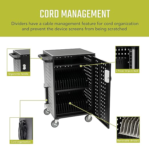 Fuerza 30 Device Charging Cart with Electric Key Card Charger Organization, Cable Management, Up to 14 " Screen Size - SchoolOutlet