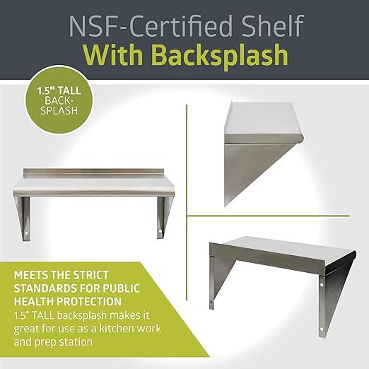 Fuerza NSF - Certified Stainless Steel Wall Mount Storage Shelf with 1" Backsplash - SchoolOutlet