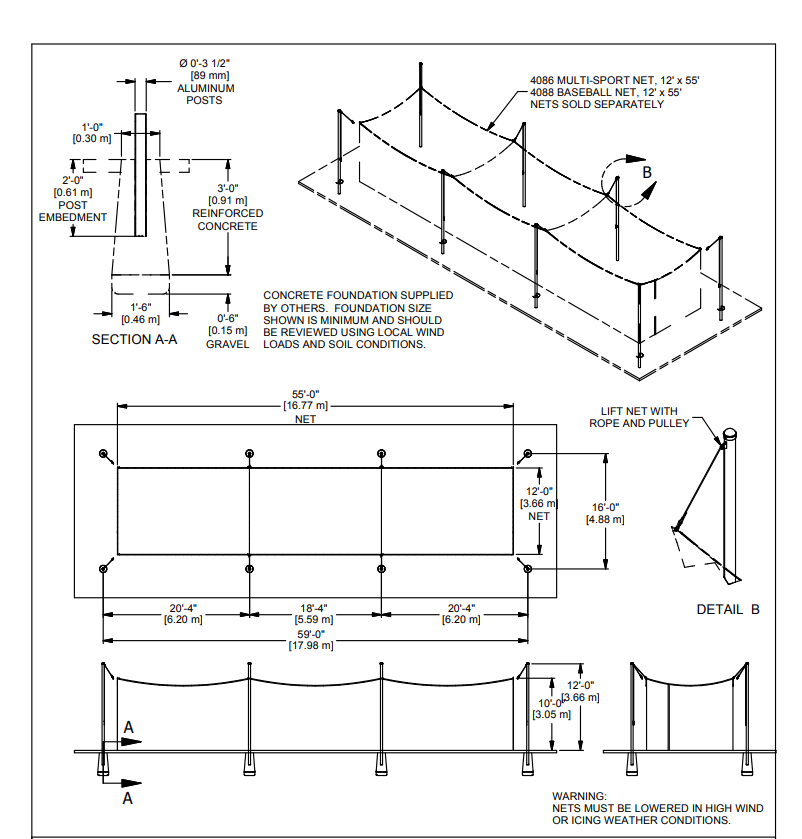Gared Outdoor Aluminum Batting Cage System, 12'W x 10'H x 55'L, 3.5" O.D. 8 Posts (GPS - 4085 - 55) - SchoolOutlet