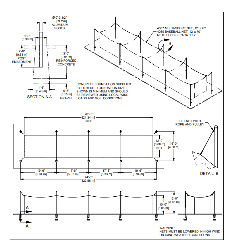 Gared Outdoor Aluminum Batting Cage System, 12'W x 10'H x 70'L, 3.5" O.D. 10 Posts (GPS - 4085 - 70) - SchoolOutlet
