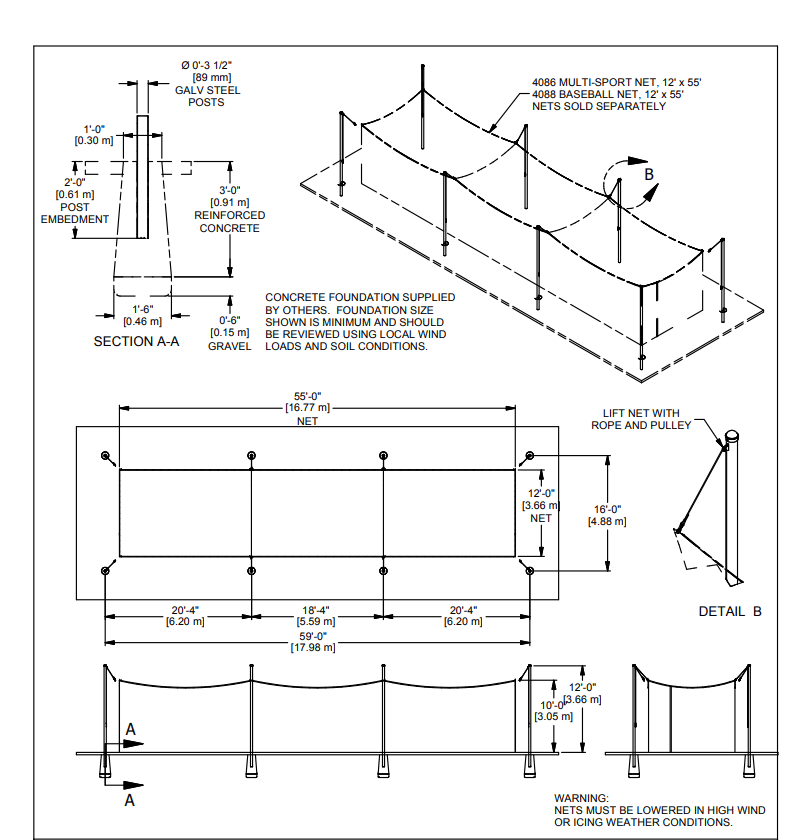 Gared Outdoor Steel Batting Cage System, 12'W x 10'H x 55'L, 3.5" O.D. 8 Posts (GPS - 4086 - 55) - SchoolOutlet