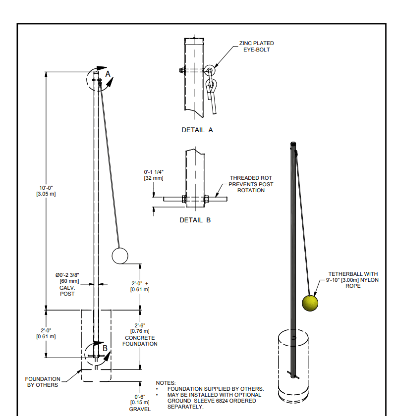 Gared Inground Tetherball System, 12' Steel Post with Ball & Rope Included (GPS - 6809) - SchoolOutlet