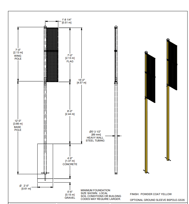 Gared 15' Inground Foul Pole, Yellow Steel with Extended Mesh Wing Panel (GPS - BSPOLE - 15P) - SchoolOutlet
