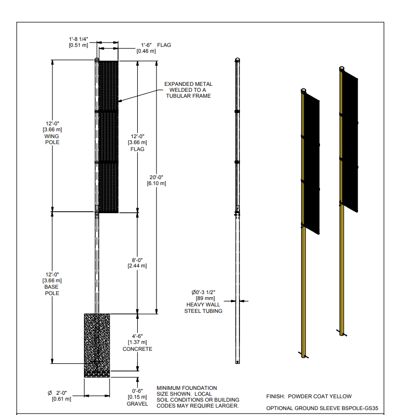 Gared 20' Inground Foul Pole, Yellow Steel with Extended Mesh Wing Panel (GPS - BSPOLE - 20P) - SchoolOutlet