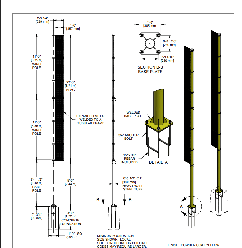 Gared 30' Surface - Mount Foul Pole, Yellow Steel with Extended Mesh Wing Panel (GPS - BSPOLE - 30SM) - SchoolOutlet