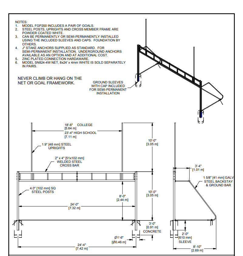 Gared Combination Soccer & Football Goalpost, 8' x 24' with 10' Uprights, White Steel (GPS - FGP200) - SchoolOutlet