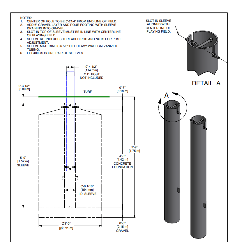 Gared 4 - 1/2" Football Goalpost Ground Sleeve, 4' Inground Steel Sleeve (GPS - FGP400GS) - SchoolOutlet
