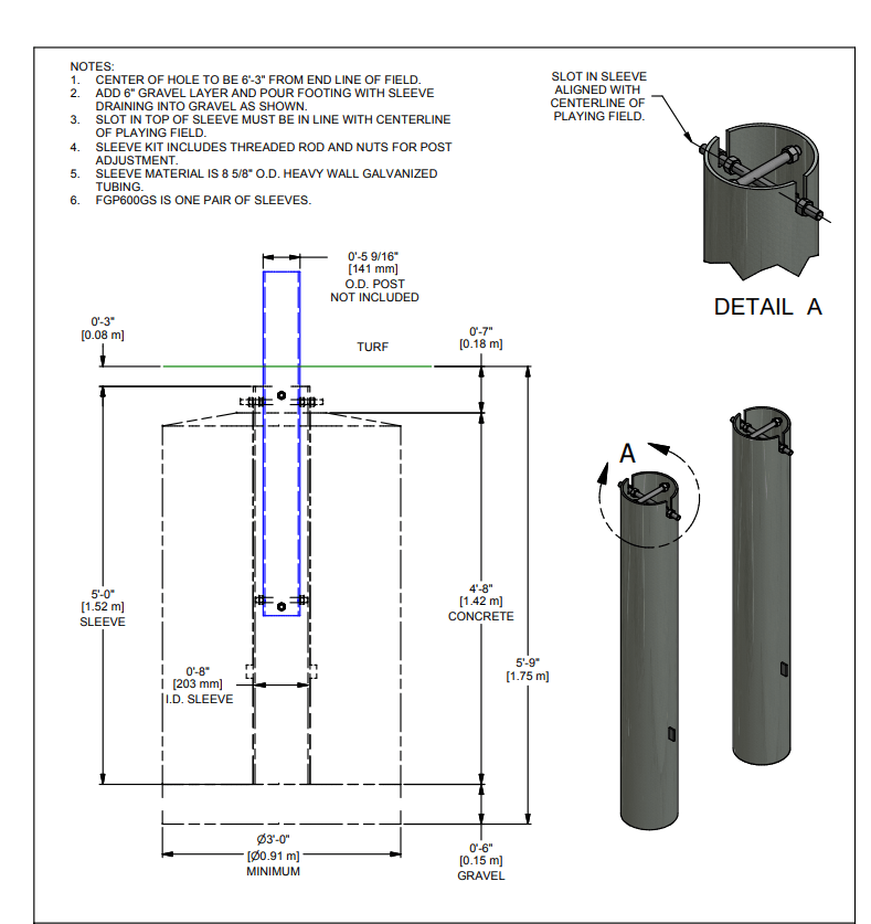 Gared 5 - 9/16" Football Goalpost Ground Sleeve, 4' Inground Steel Sleeve (GPS - FGP600GS) - SchoolOutlet