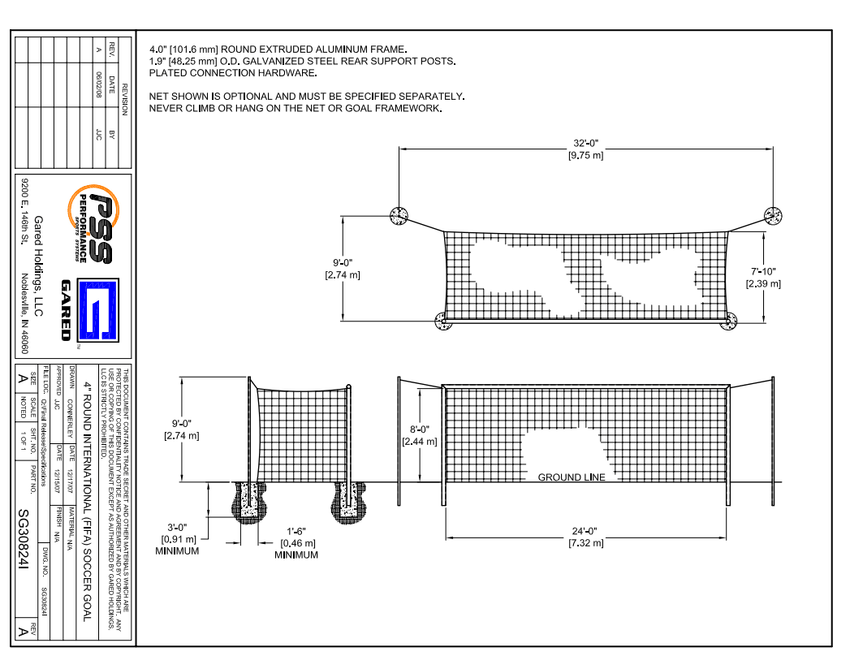 Gared All Star II FIFA Inground Soccer Goal, 8' x 24' Official Size with 4" Steel Frame (GPS - SGRD824I) - SchoolOutlet