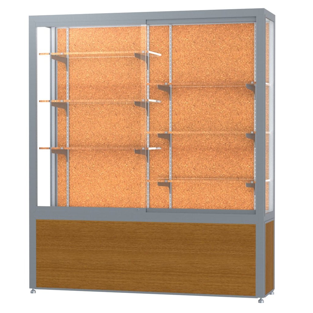 Ghent Challenger Display Case, Cork Back, Satin Natural Aluminum Frame Finish, 66"H x 60"W x 16"D - SchoolOutlet