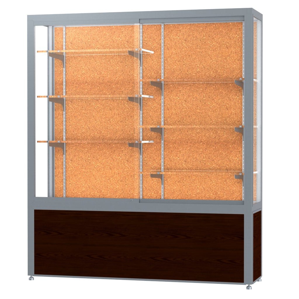 Ghent Challenger Display Case, Cork Back, Satin Natural Aluminum Frame Finish, 66"H x 60"W x 16"D - SchoolOutlet