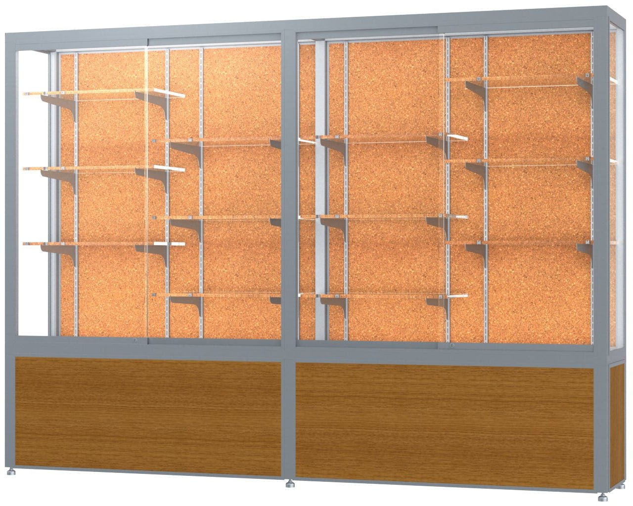 Ghent Challenger Display Case, Cork Back, Satin Natural Aluminum Frame Finish, 66"H x 96"W x 16"D - SchoolOutlet