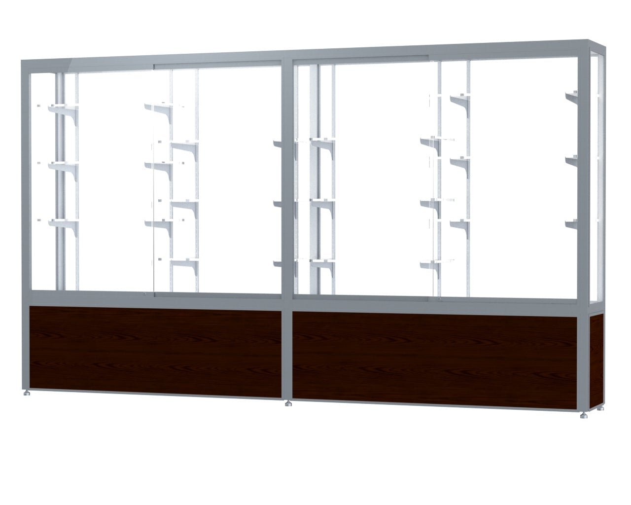 Ghent Challenger Display Case, White Laminate Back, Satin Natural Aluminum Frame Finish, 66"H x 120"W x 16"D - SchoolOutlet