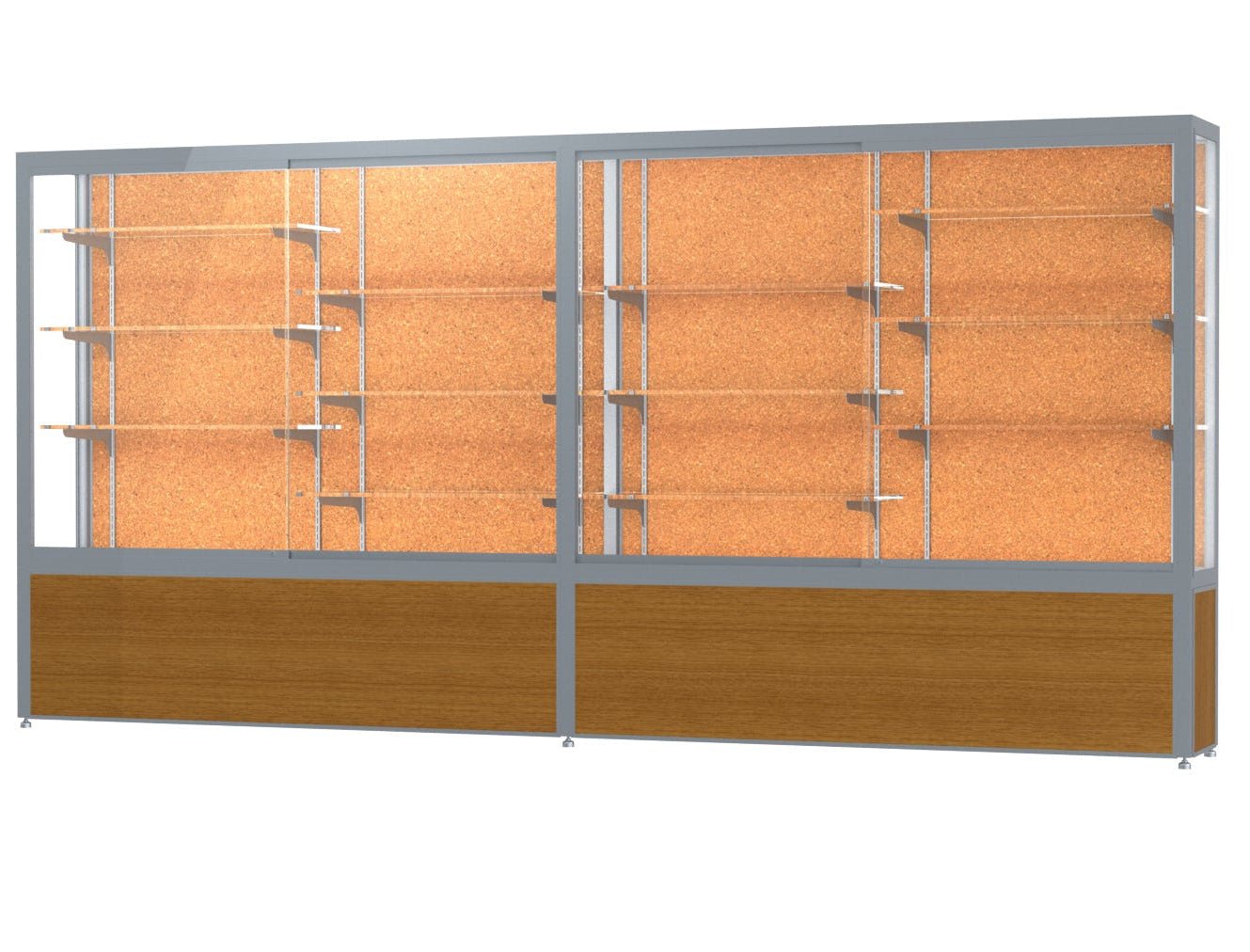 Ghent Challenger Display Case, Cork Back, Satin Natural Aluminum Frame Finish, 66"H x 144"W x 16"D - SchoolOutlet