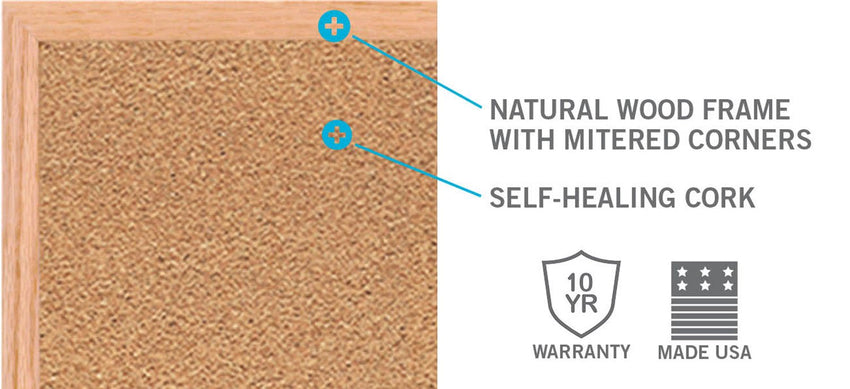 Ghent Natural Cork Bulletin Board, Oak Wood Frame, 18"H x 24"W (GHE - 1418 - 1) - SchoolOutlet
