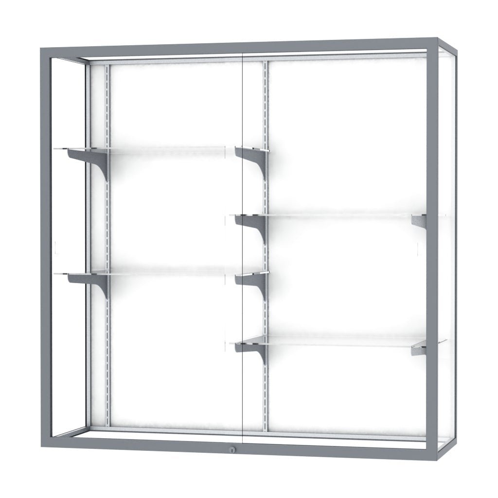 Ghent Champion Wall - Mounted Display Case, White Laminate Back, Aluminum Frame, 4 Shelves, 48"H x 48"W x 16"D - SchoolOutlet