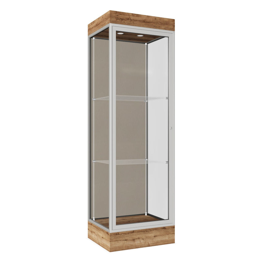 Ghent Edge Floor Display Case Lighted 6"H Laminate Base Finish, Aluminum Frame - 76"H x 24"W x 20"D (91LFXX) - SchoolOutlet