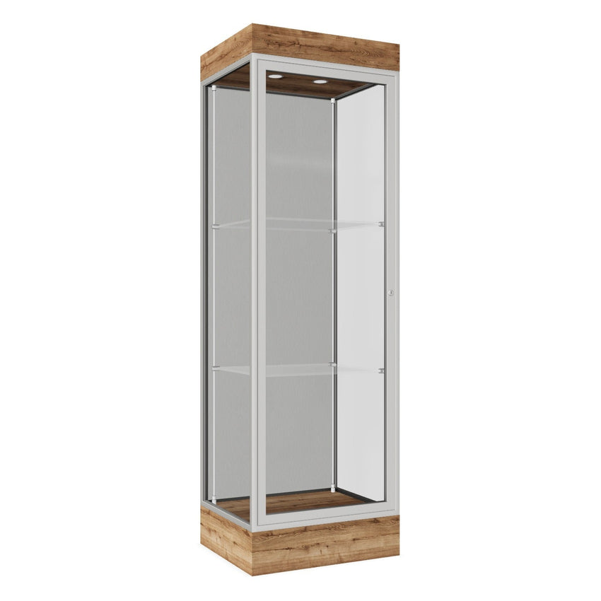 Ghent Edge Floor Display Case Lighted 6"H Laminate Base Finish, Aluminum Frame - 76"H x 24"W x 20"D (91LFXX) - SchoolOutlet